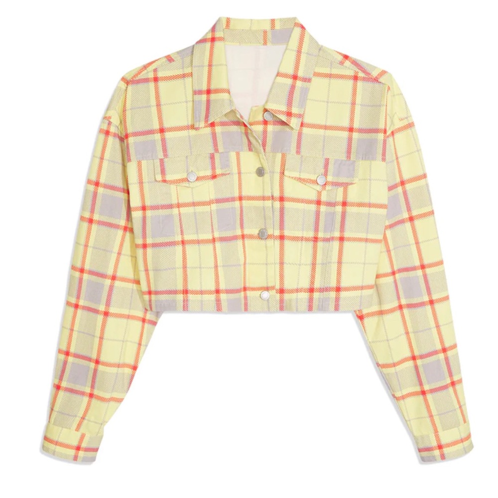 NWT WeWoreWhat Plaid Denim Pale Yellow Jean Jacket Cropped Pastel Garden Glade M